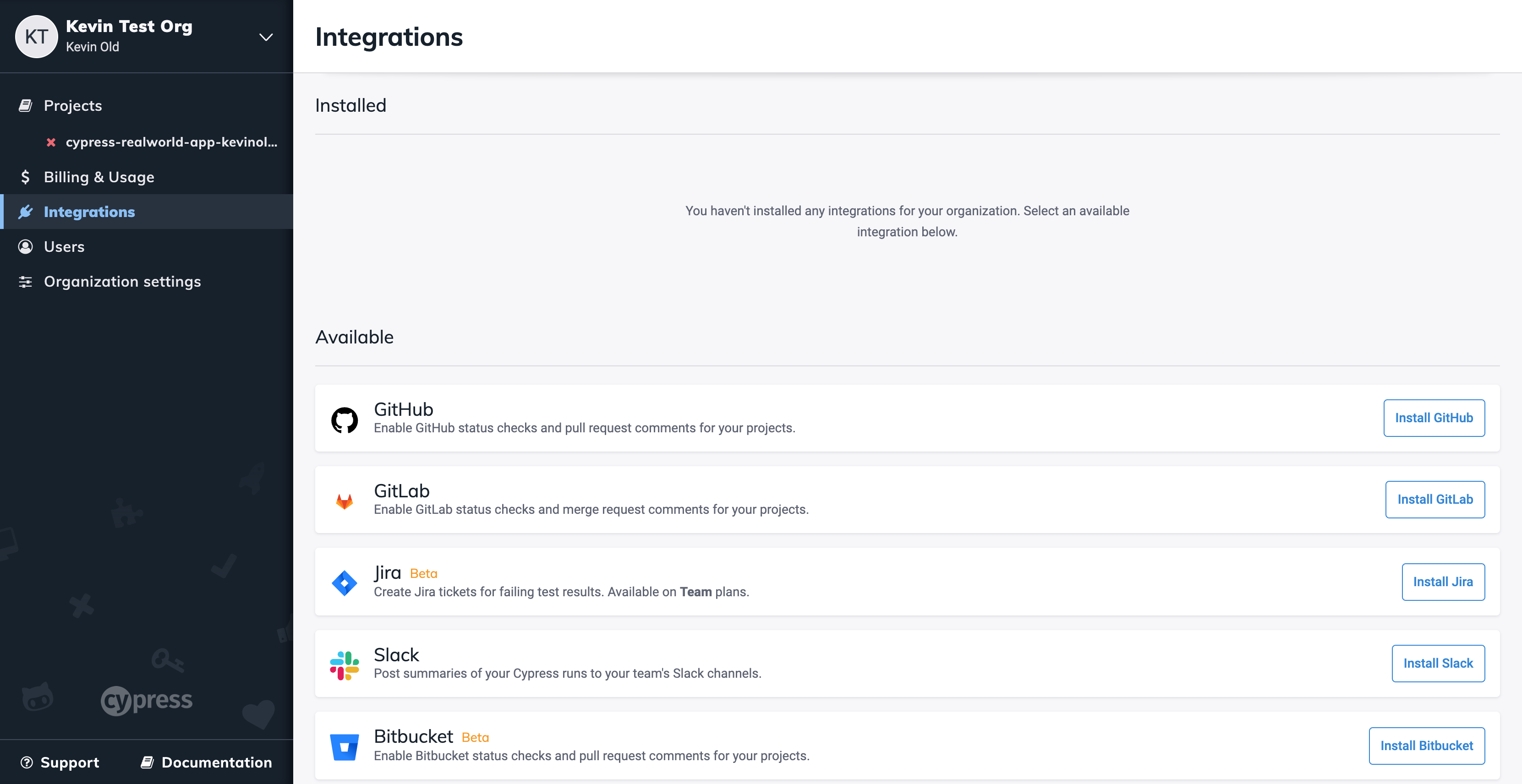 Cypress Dashboard Integrations