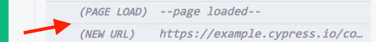 Command log shows 'Page load --page loaded--' and 'New url https://example.cypress.io/'